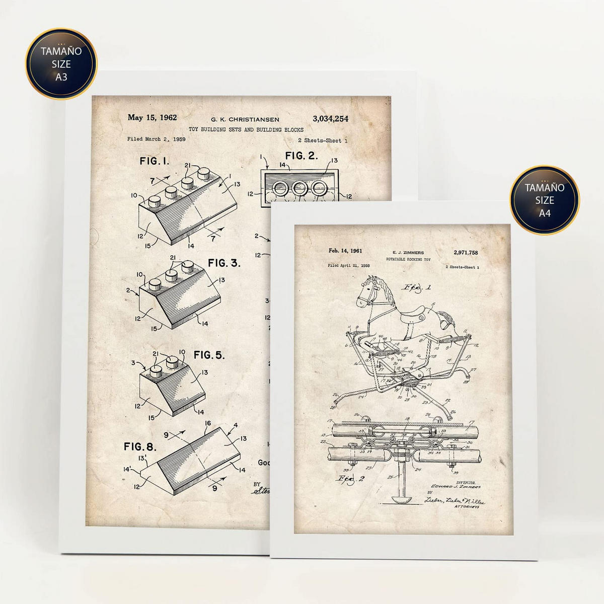 POSTER Set Mit 6 Plakaten Mit Spielzeuge Patenten Im Vintage Stil A3 & A4 Weißer Rahmen - Weiß, Papier (29/3cm) - Nacnic