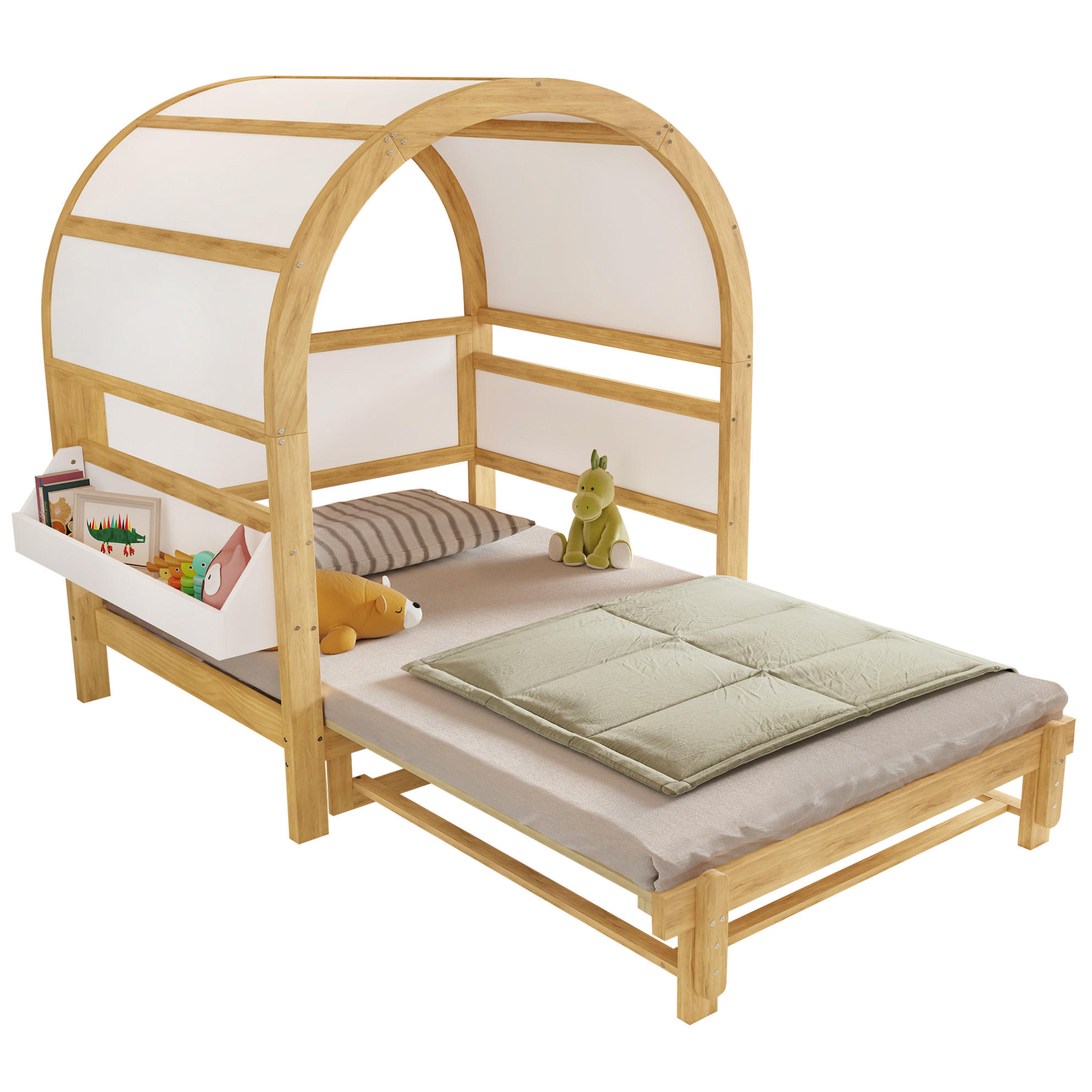 HAUSBETT 140/200 cm in Weiß/Natur – mit Dachaufbau und Ausziehbett - Weiß, Holzwerkstoff (140/200cm) - BEAOK