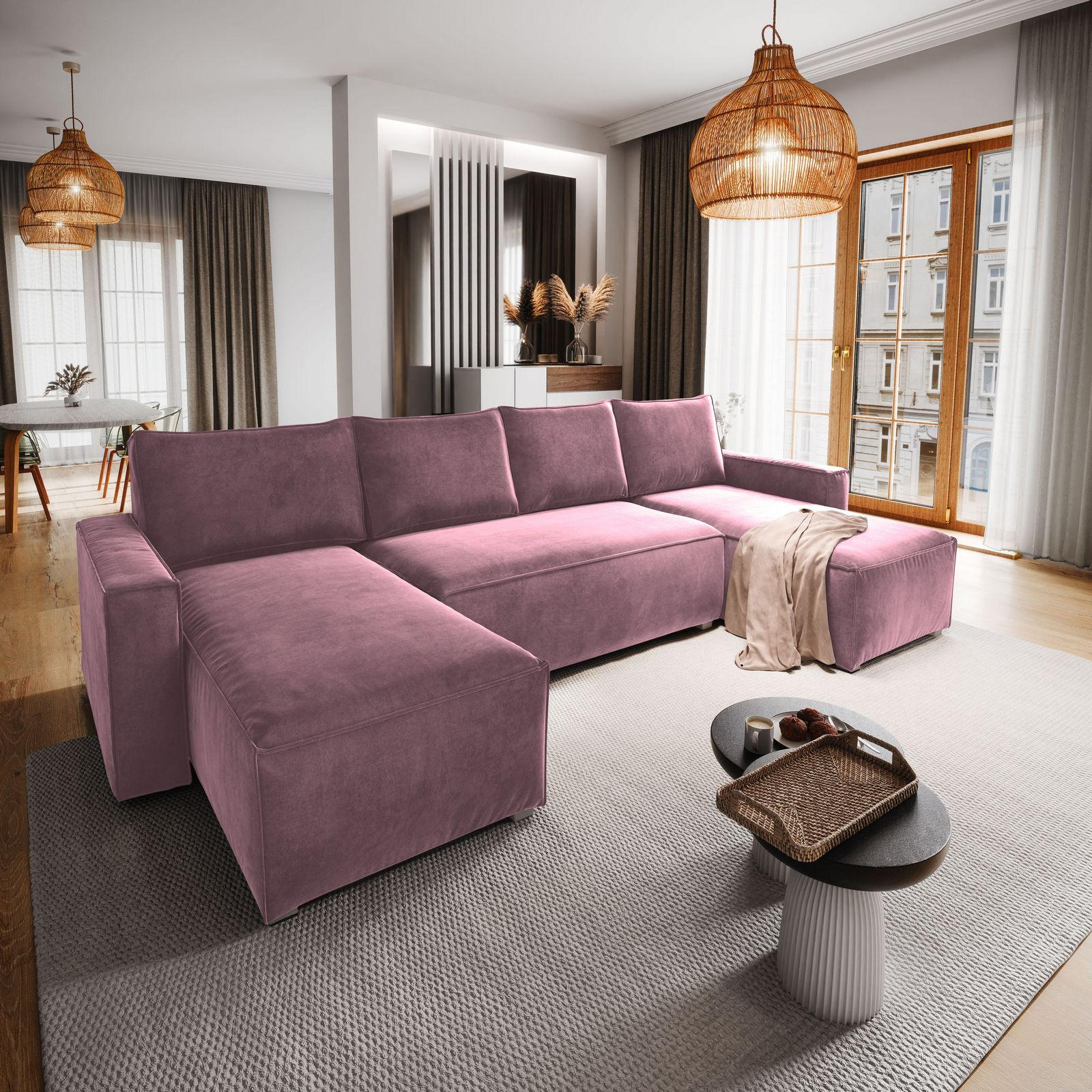 WOHNLANDSCHAFT DENI Lila Velours-Stoff mit Schlaffunktion - Lila, Holz (295/85/140cm) - MASSENO