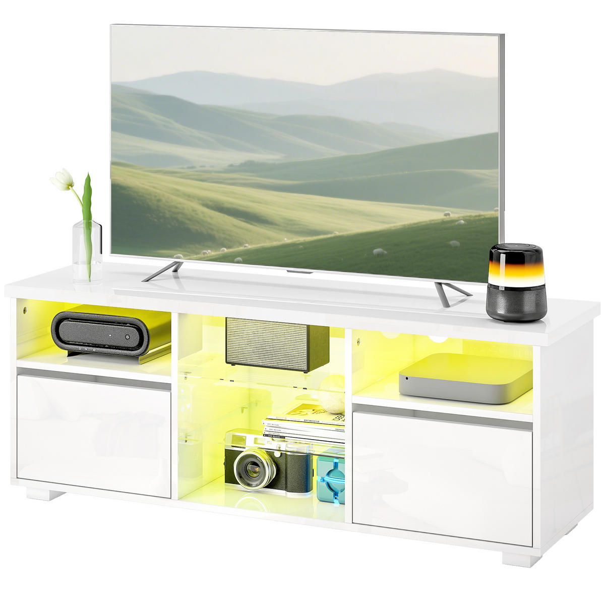 TV-LOWBOARD Weiß Hochglanz 120/34/45 cm, LED-Beleuchtung, Glasböden - Weiß Hochglanz, Holzwerkstoff (120/45/34cm) - PANGIVO