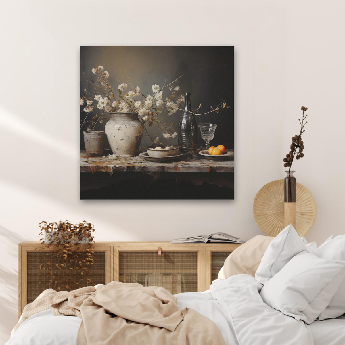 AKUSTICKÝ OBRAZ Zátišie - Kvety - Kytica - Váza - Víno 80x80 cm - čierna, plast (80/80/0.9cm) - MuchoWow