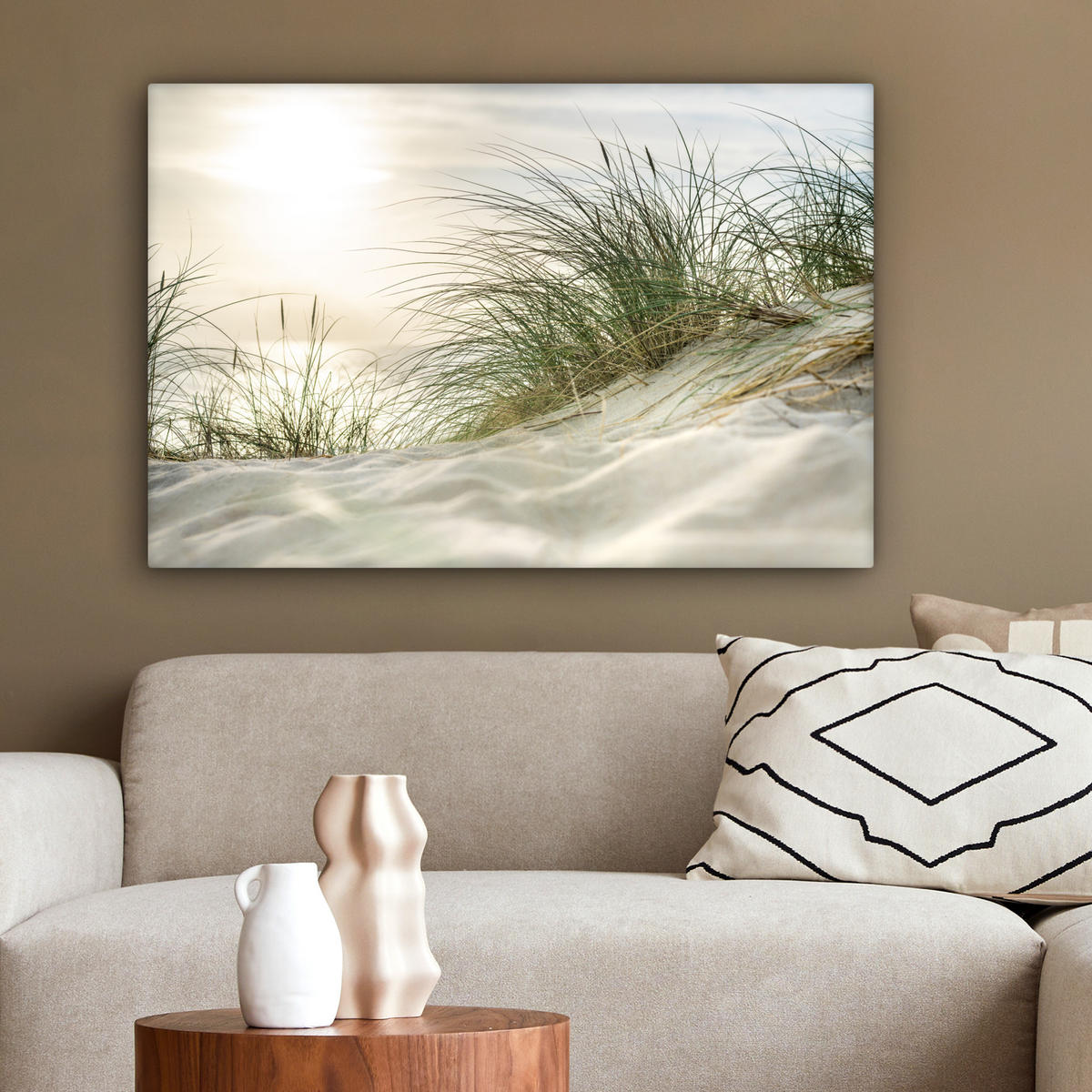 LEINWANDBILD Dünen mit Strandhafer in der Sonne des Nationalparks Schleswig-Holsteinisches Wattenmeer Gemälde 60x40 cm - Creme, Textil (60/40cm) - MuchoWow