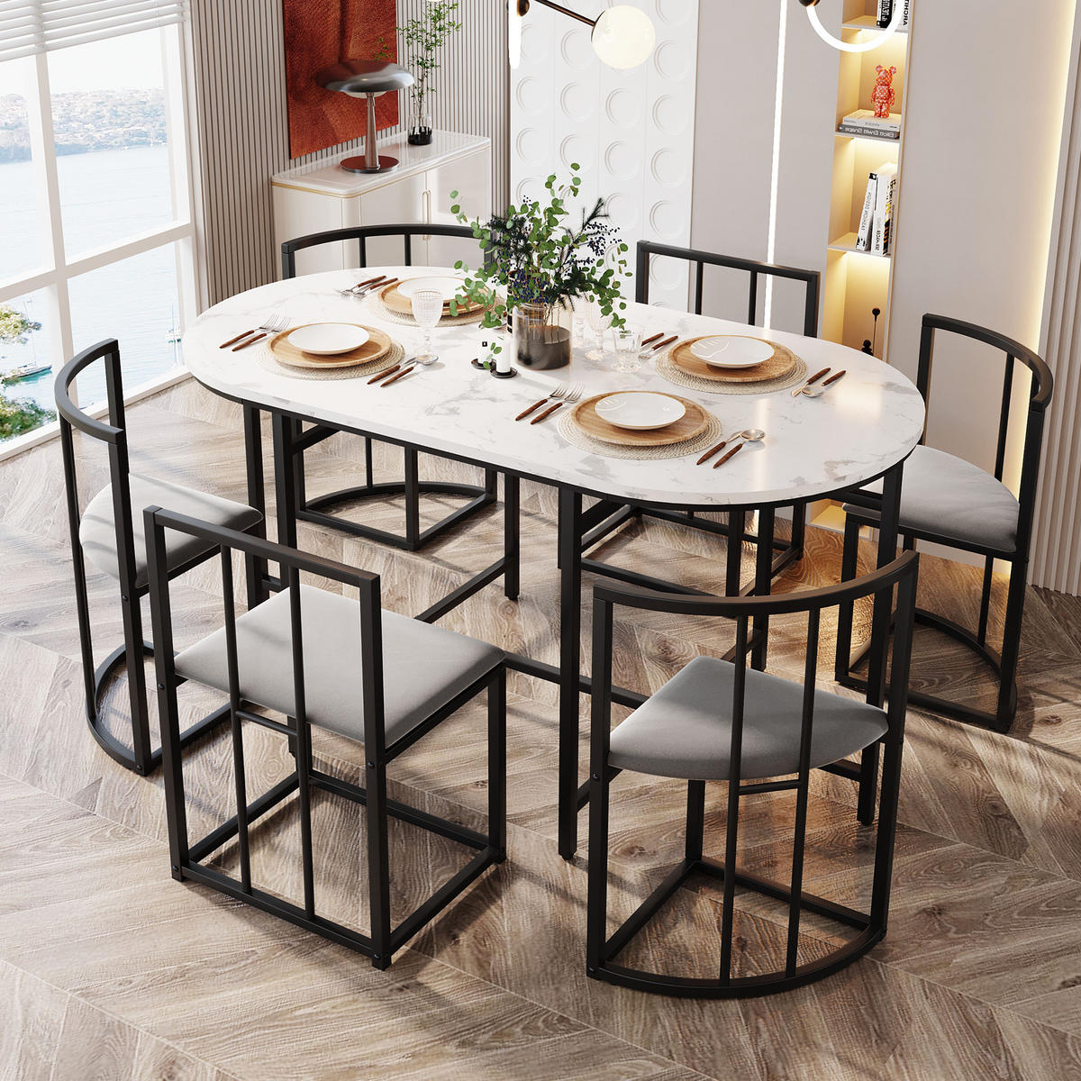 ESSGRUPPE Esstisch 6 Stühle Weiß Grau Schwarz - Schwarz, Holzwerkstoff (140/76/80cm) - FLIEKS
