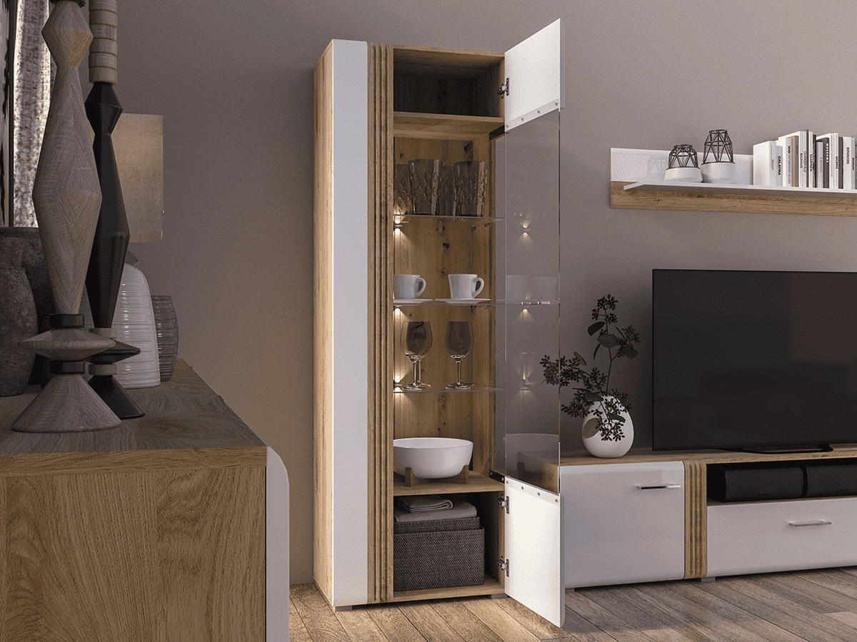 VITRINE – 65 cm – Adagio – Weiß / Eichefarben – Anschlag links – VT-GEN145 - Eichefarben/Weiß, Holzwerkstoff (65/196/42cm) - hi-markt