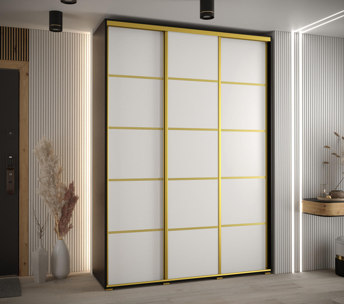 SCHWEBETÜRENSCHRANK 235,2/180/60 3-türig - Goldfarben/Schwarz, Holz/Metall (180/235/60cm) - Abiks Möbel
