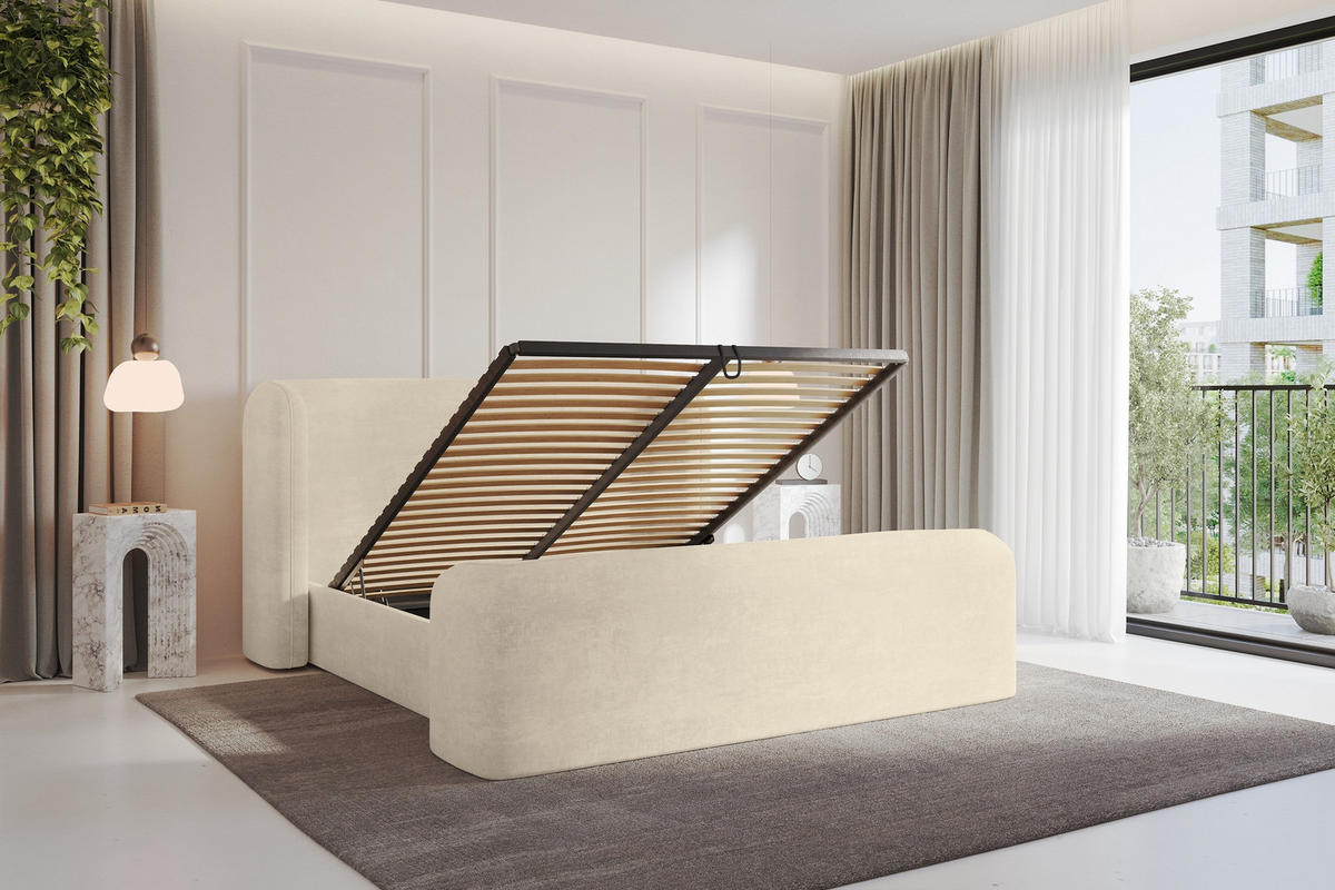 POLSTERBETT mit Bettkasten, Fußteil und Lattenrost, Boxbett ohne Matratze - ESTI-Z 160x200 Beige - Beige, Holzwerkstoff/Textil (160/200cm) - ALTDECOR