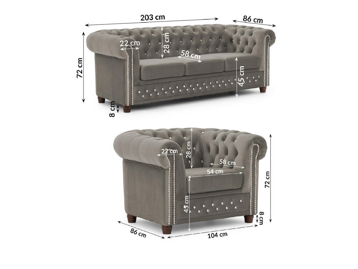 SITZGARNITUR 3+1 Chesterfield Cleo Blink Grau Samt mit Kristallsteppung und braunen Massivholzfüßen - Braun/Grau, Holz/Textil (203/72/86cm) - S-Style Möbel