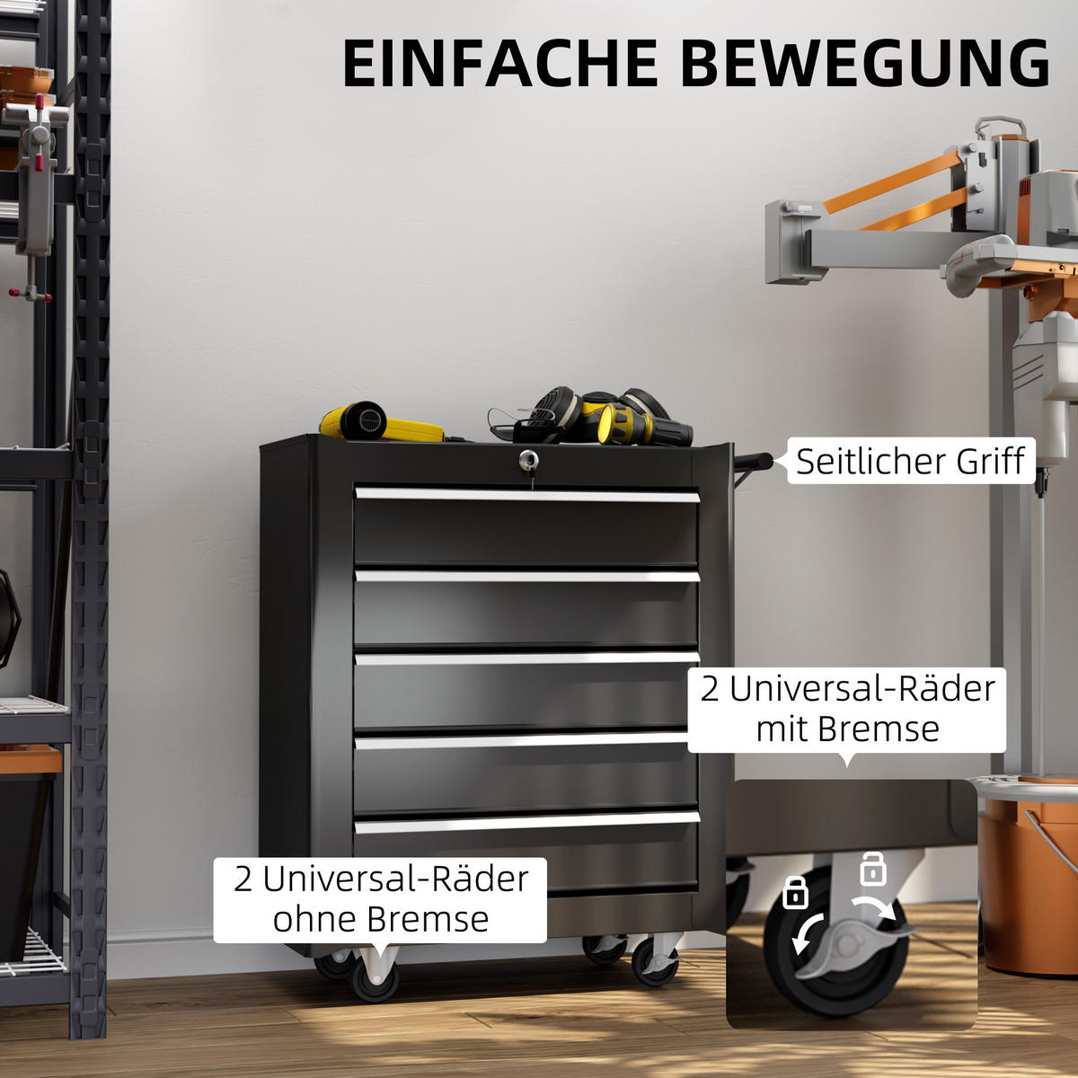 WERKSTATTWAGEN abschließbar mit 5 Schubladen, Schwarz - Schwarz, Metall (68/75/33cm) - HOMCOM