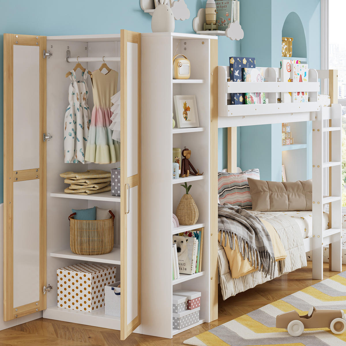 ETAGENBETT 90/200 cm in Weiß/Natur mit Kleiderschrank und 6 Regalen - Weiß, Holzwerkstoff (90/200cm) - Flora Grace