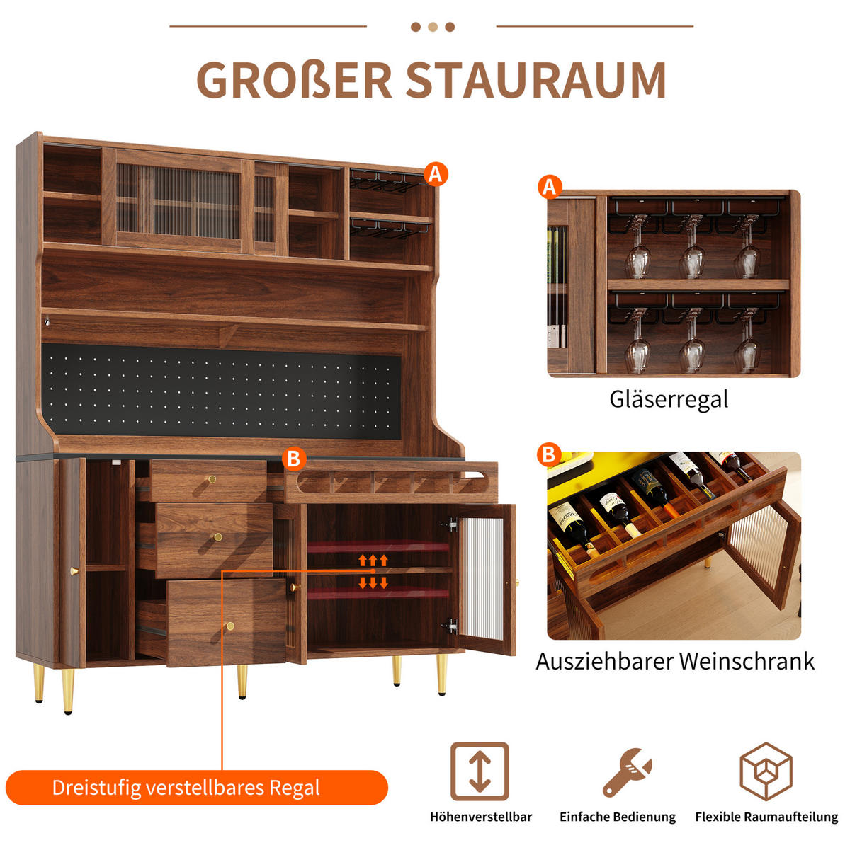 BUFFET 145/39/171 cm walnuss aus MDF und Glas mit LED - Walnussfarben, Glas (145/171/39cm) - OKWISH