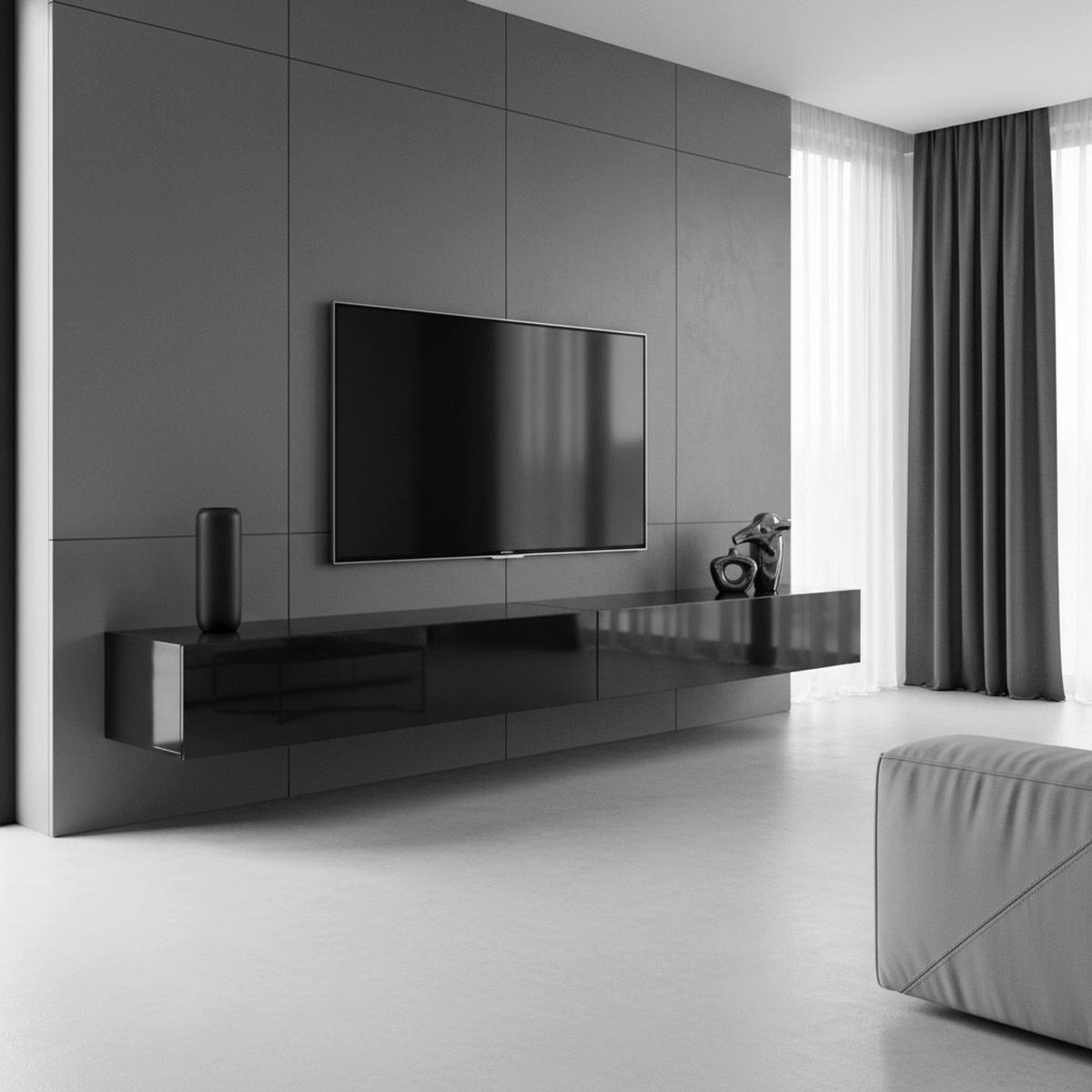 LOWBOARD Lia, hängendes Tv-Board, Moderner Fernsehschrank 330 cm lang Fernsehtisch 2er Set, Schwarz matt/Schwarz Hochglanz (38,5 x 330 x 30 cm) - Schwarz Hochglanz, Holzwerkstoff (330/30/38.5cm) - InnoFurn