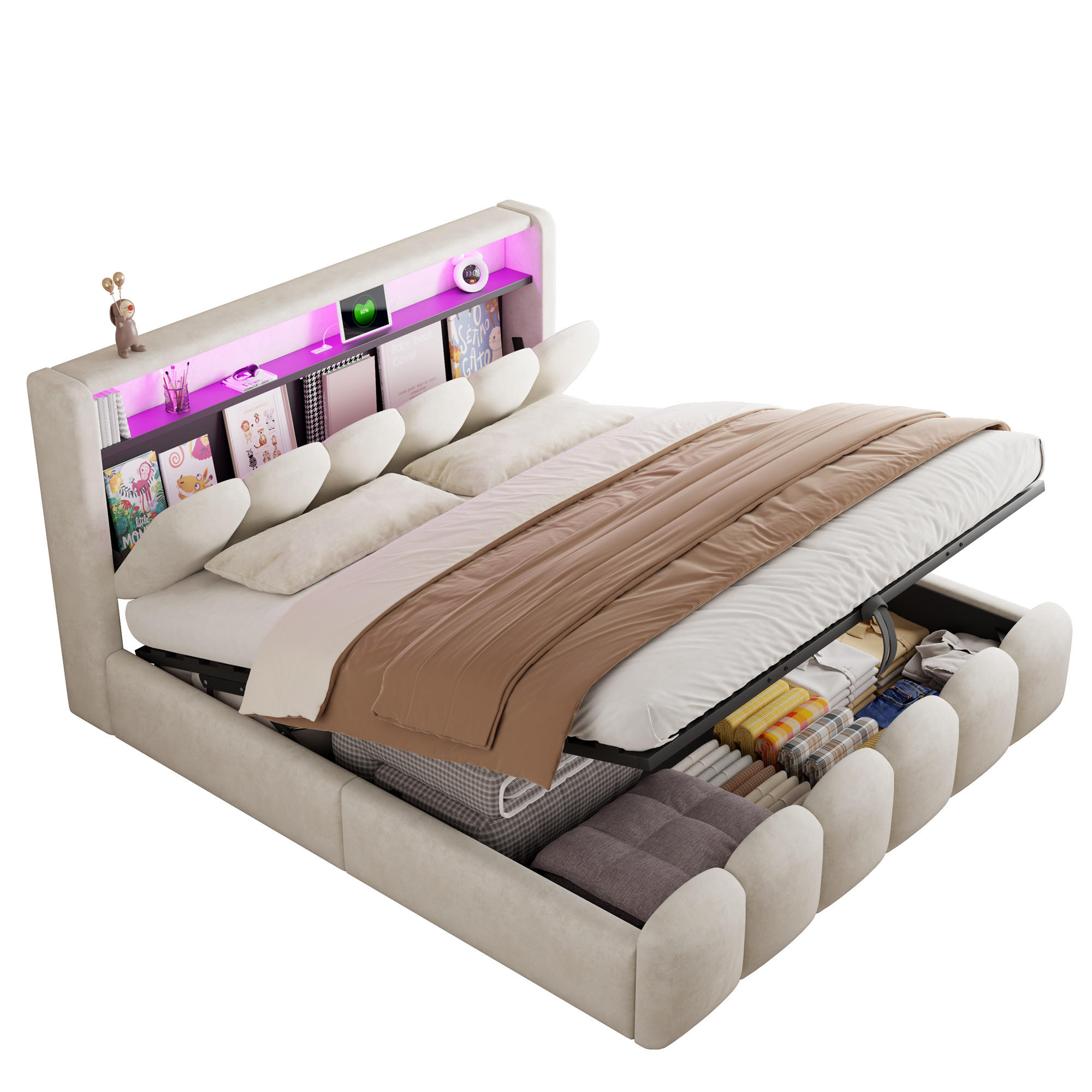 POLSTERBETT 180/200 cm in Beige Samt mit Bettkasten, LED, USB und Type-C Blütenblatt-Design - Beige, Holzwerkstoff/Textil (180/200cm) - STILVORA