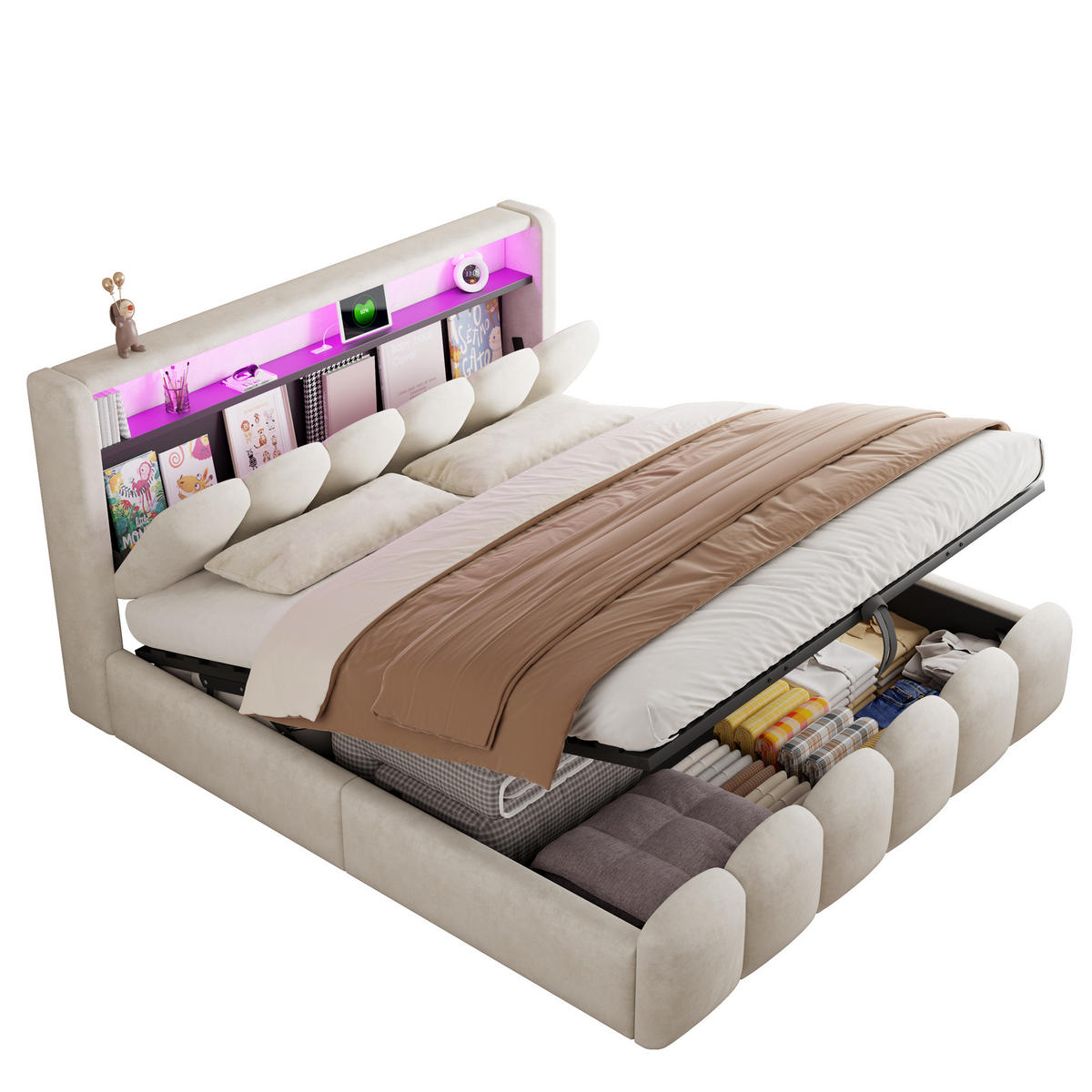POLSTERBETT 180/200 cm in Beige Samt mit Bettkasten, Kopfteil-Stauraum, LED, USB und Type-C - Beige, Holzwerkstoff/Textil (180/200cm) - CHICFURN