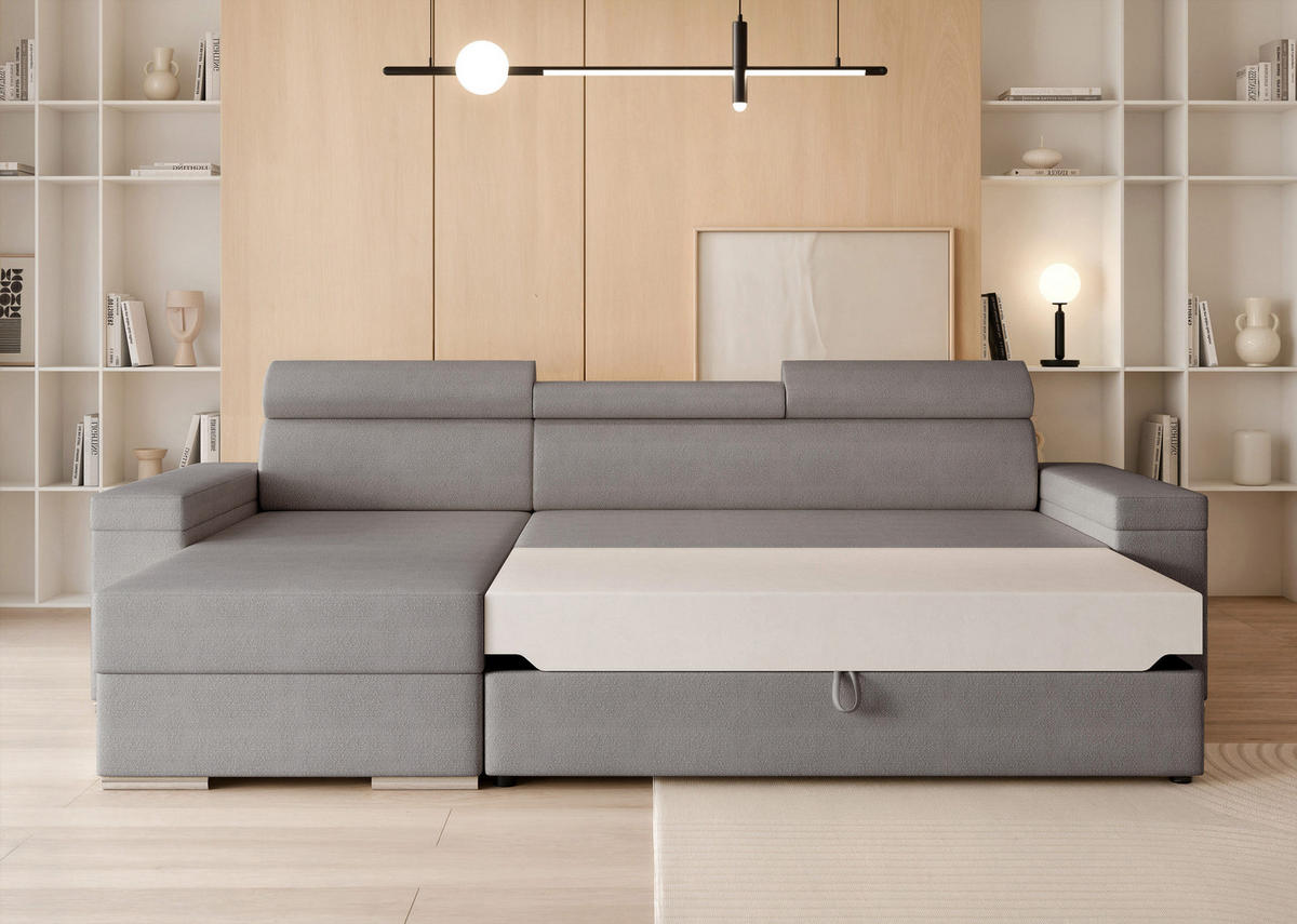 ECKSOFA AISHA mit Schlaffunktion und Bettkasten Grau - Grau, Holzwerkstoff/Kunststoff (250/90cm) - Idohome
