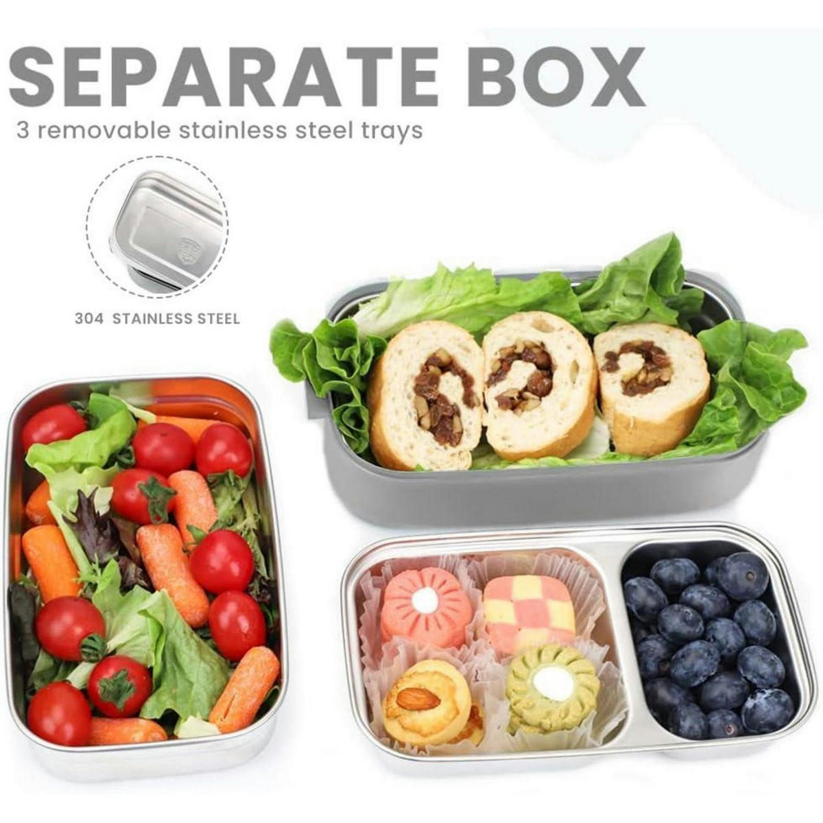 BENTO Box Edelstahl 1700 ml Grau mit Besteck - Grau, Metall (19.5/16/19.5cm)