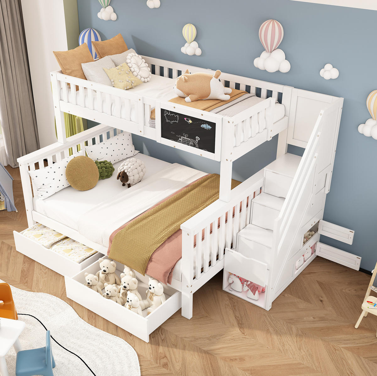 KINDERBETT aus Massivholz 90x200/140x200 cm in Weiß mit Tafel & Stauraum - Weiß, Holz (90/200cm) - Modfu