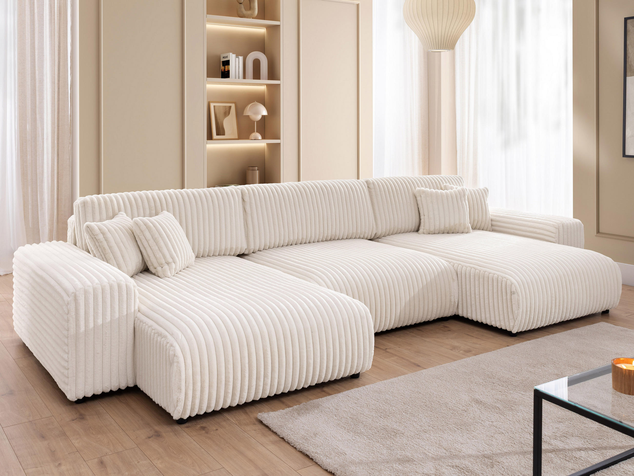 WOHNLANDSCHAFT Mollis Hellbeige Plüschcord mit Schlaffunktion - Beige/Schwarz, Holz/Kunststoff (350/77/168cm) - S-Style Möbel
