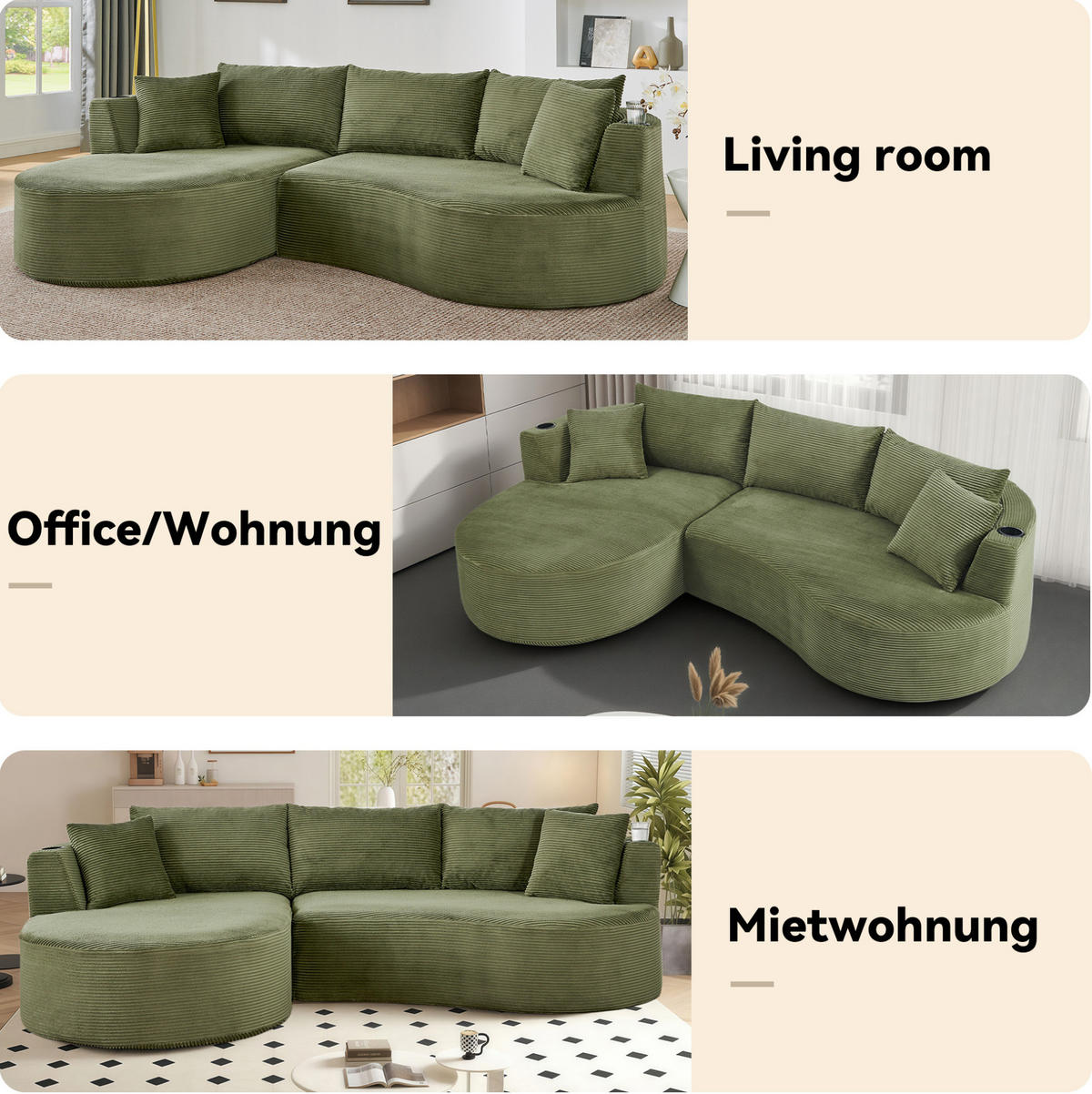 3-SITZER-SOFA mit Getränkehaltern, Kissen und bogenförmigem Design aus Kordstoff und Schaumstoff, Grün - Grün, Kunststoff (264/76/168cm) - Redom