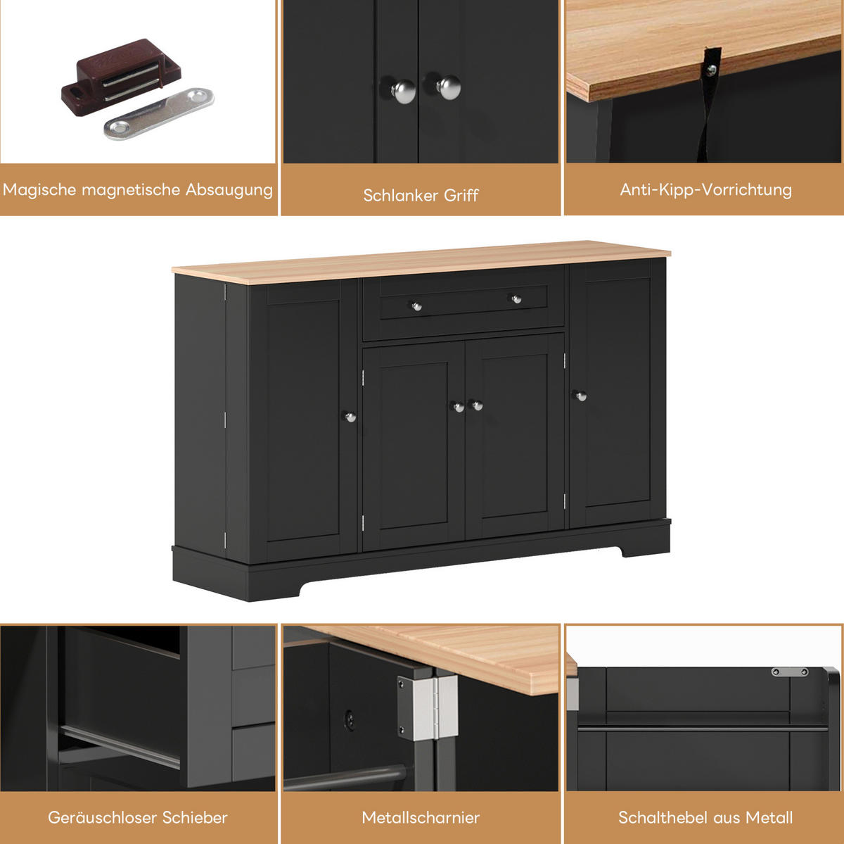 SIDEBOARD 138 cm Schwarz aus MDF mit verstellbaren Einlegeböden - Schwarz, Holzwerkstoff (40/85/138cm) - OKMYHOME