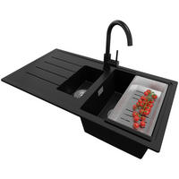 GRANITSPÜLE - Kopenhagen, 3-er set Schwarz 90/50 cm, 1,5 Becken + Küchenarmatur 32/20 cm + Ablauf-Set ab 60er Unterschrank - Chromfarben/Schwarz, Kunststoff (90/19/48cm) - Primagran