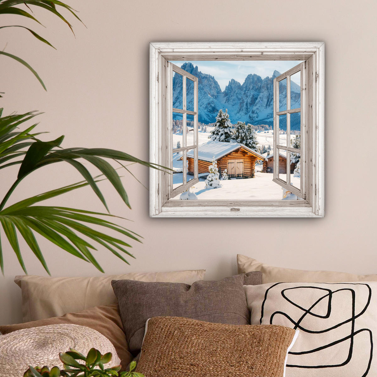 LEINWANDBILD Winterlandschaft - Hütte - Berge - Ausblicke - Aussicht - Natur 50x50 cm - Weiß Hochglanz, Textil (50/50cm) - MuchoWow