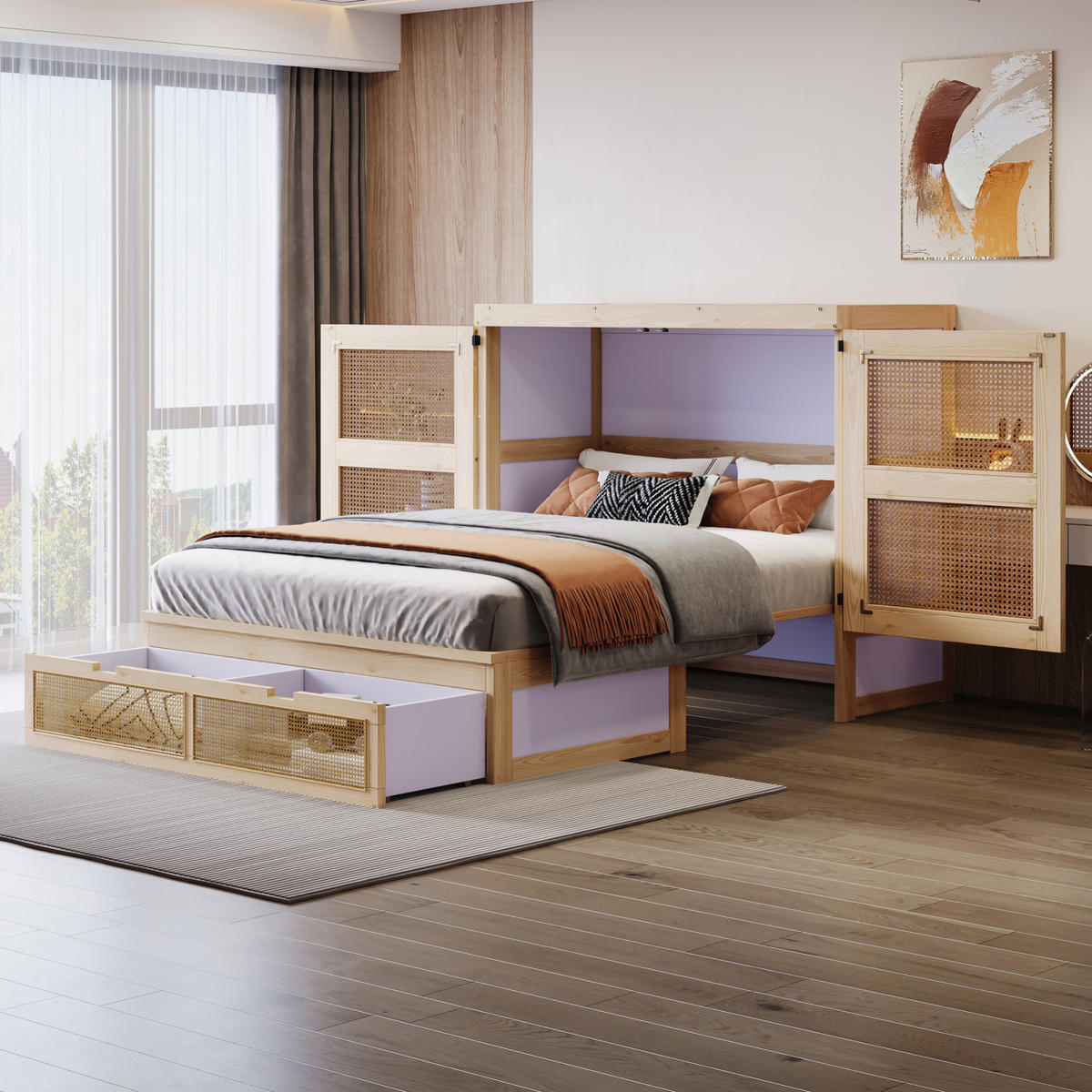 SCHRANKBETT 140/200 cm Natur Schrankbett mit Stauraumschubladen und Rattan-Design - Naturfarben, Holzwerkstoff (140/200cm) - OKWISH