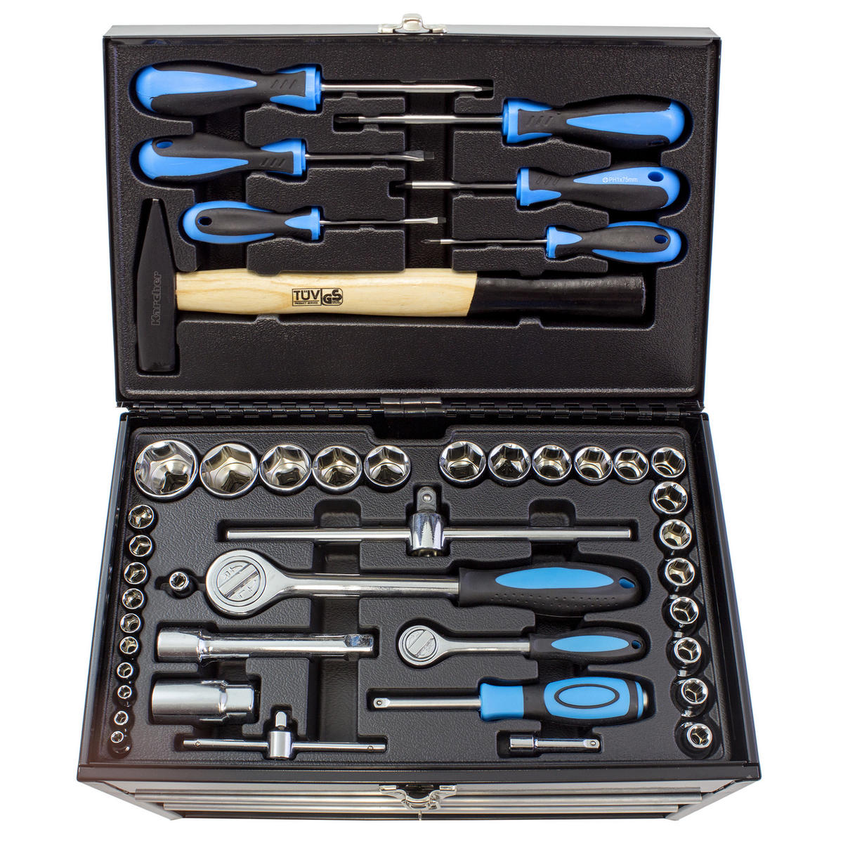 WERKZEUGSET 117-teilig im Werkzeugkasten | Mit Hammer, Schraubendreher, Steckschlüssel, Bitsatz uvm. - Blau, Metall (26/27/40cm) - Karcher
