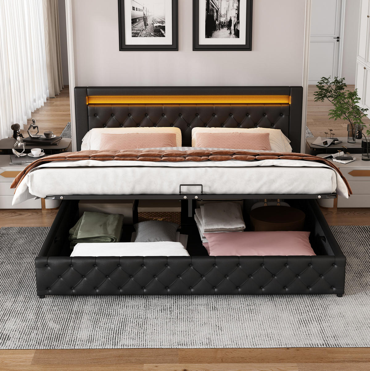 POLSTERBETT 140/200 cm mit Bettkasten, LED-Kopfteil & Lattenrost, Schwarz PU - Schwarz, Kunststoff (140/200cm) - Redom