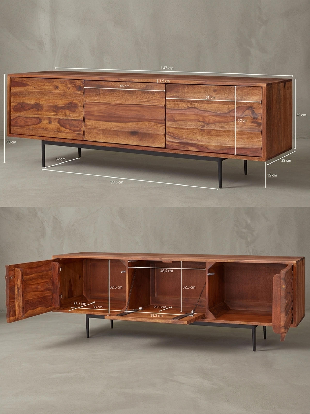 LOWBOARD Mango Massivholz Metall Industrial Stil für Fernseher bis 55 Zoll - Schwarz/Braun, Holz/Metall (147/50/38cm) - KADIMA DESIGN