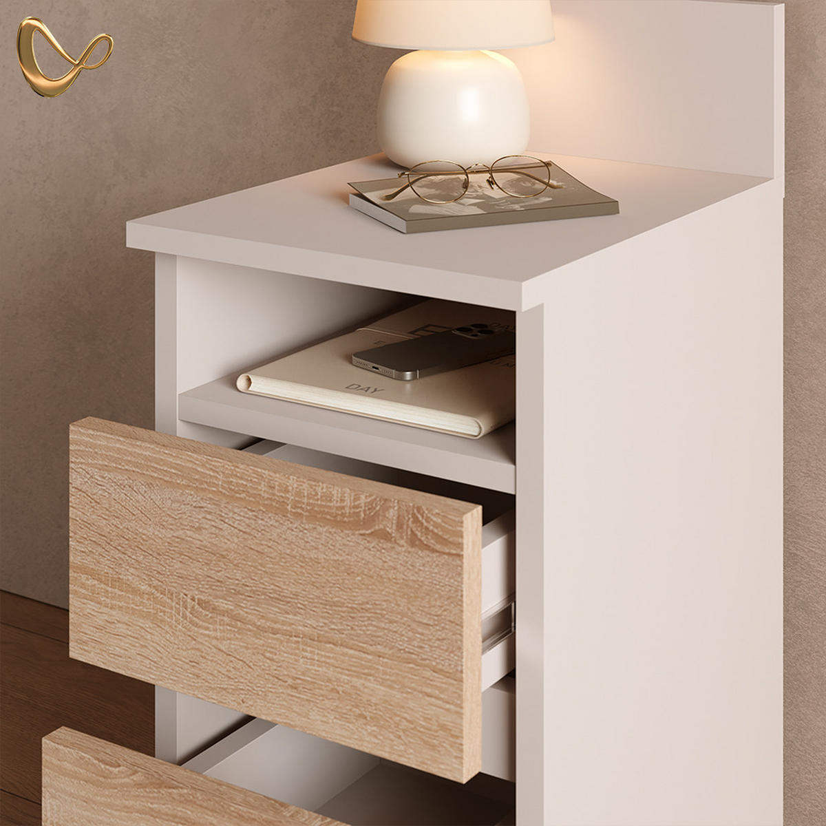 NACHTTISCH Roya, Weiß/Sonoma, 2er Set - Weiß/Sonoma Eiche, Holzwerkstoff (25/59.1/32.3cm) - Livinity®