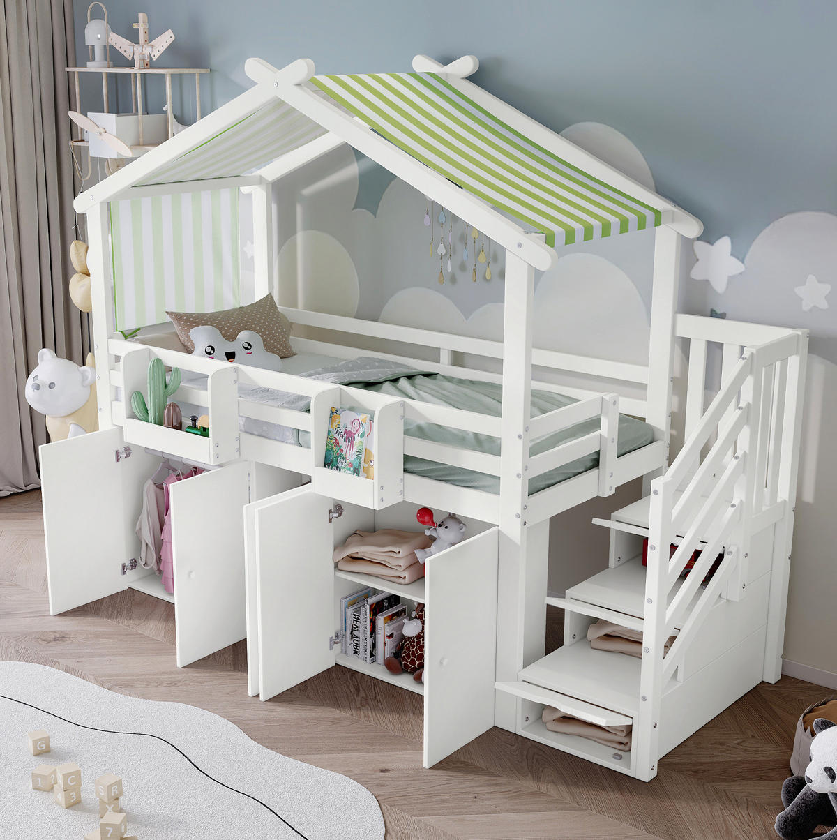 HAUSBETT 90/200 cm Weiß/Grün mit Stauraumtreppe und Kleiderschrank - Weiß, Holz (90/200cm) - Flora Grace