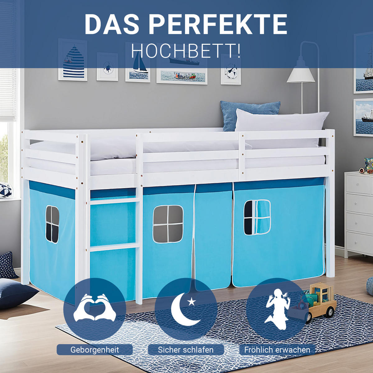 HOCHBETT 90/200 cm in weiß Bettvorhang blau - Blau/Weiß, Holz - Homestyle4u