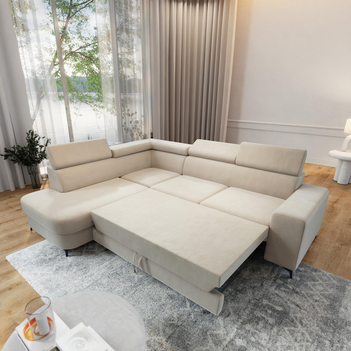 ECKSOFA ALVORO L-S Creme Velours-Stoff mit Schlaffunktion - Creme, Holz (253/190cm) - MASSENO