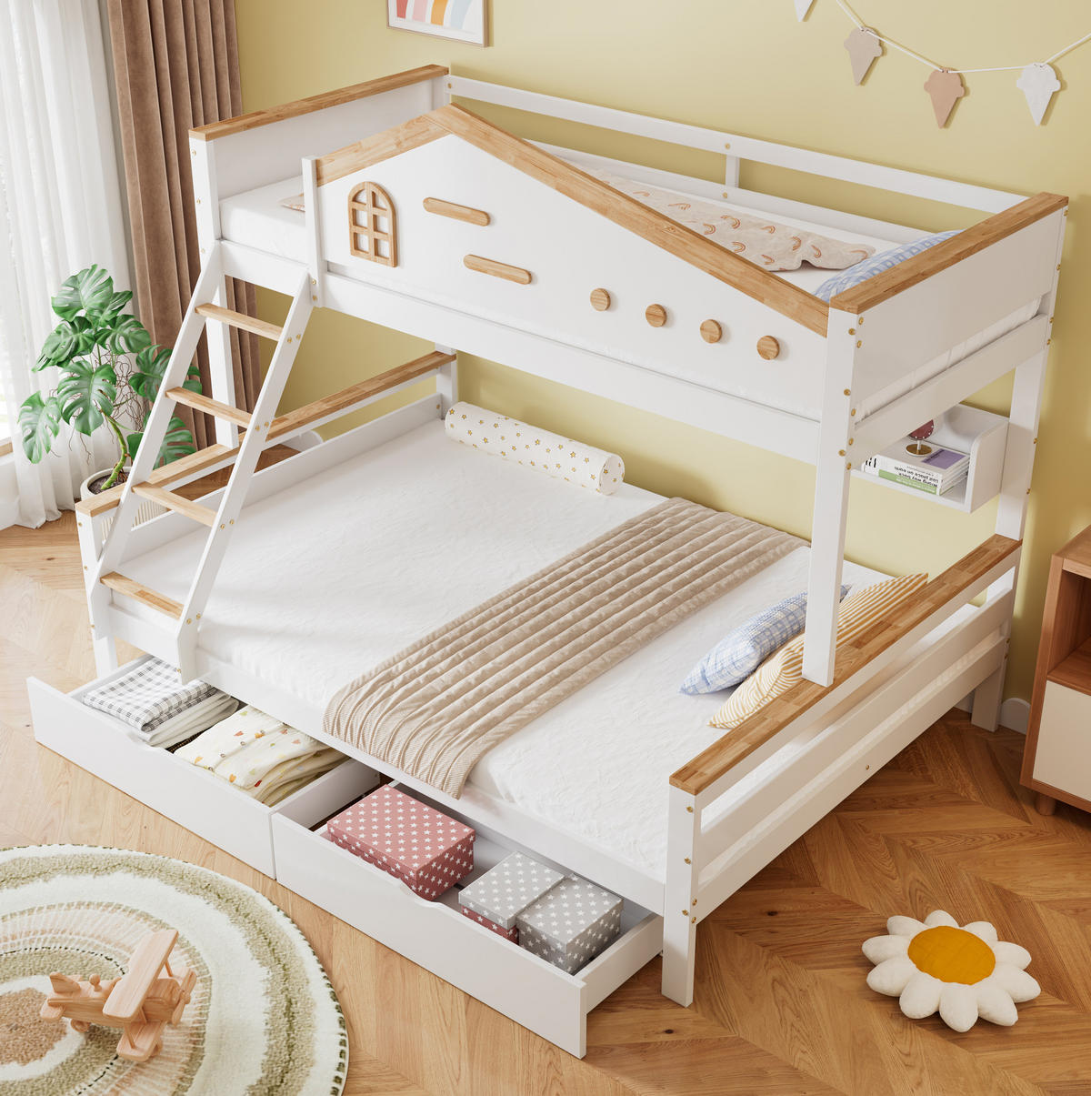 ETAGENBETT 90/200 & 140/200 cm aus Kiefer/MDF mit Regalen und 2 Schubladen Weiß/Natur - Weiß, Holzwerkstoff (90/200cm) - Modenvie