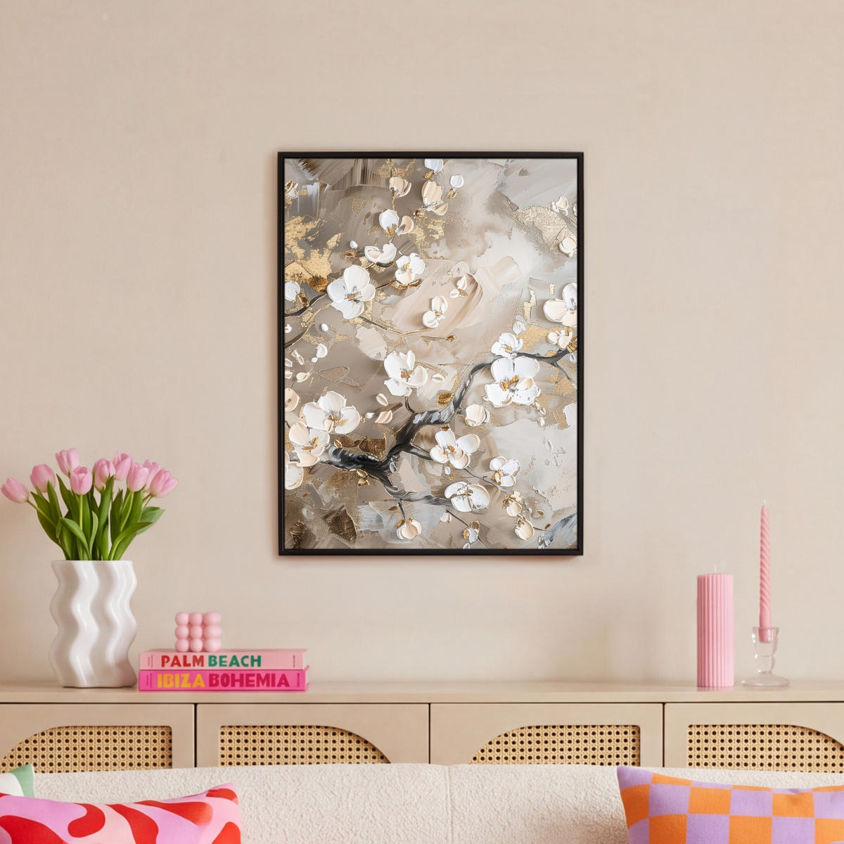 LEINWAND Bilder mit Rahmen - Blumen - Weiß - Gold - Beige - Luxus - 50x70 - Greige, Textil (50/70cm) - MuchoWow