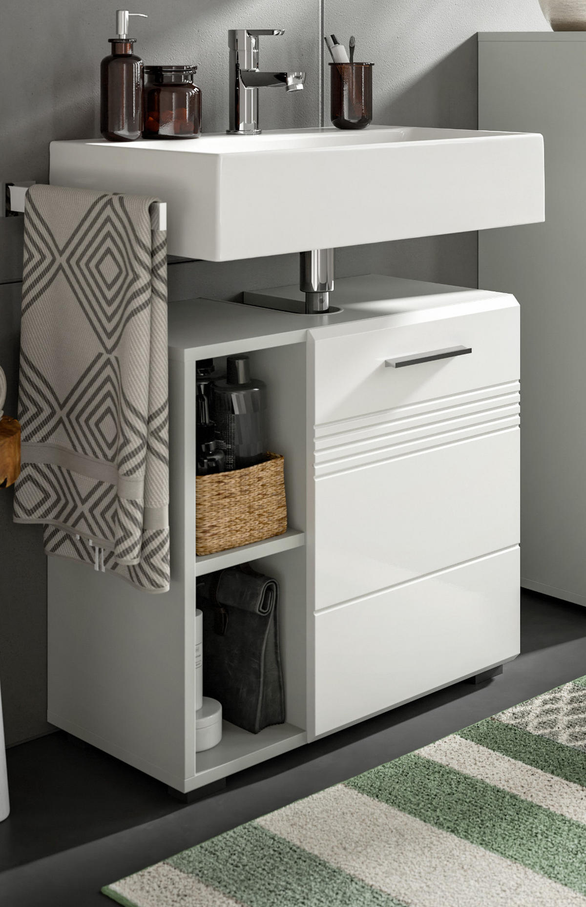 WASCHBECKENUNTERSCHRANK weiß Hochglanz, grau 60 cm, Soft-Close - Weiß Hochglanz/Silberfarben, Holzwerkstoff/Kunststoff (60/56/32cm) - Inn.Furn