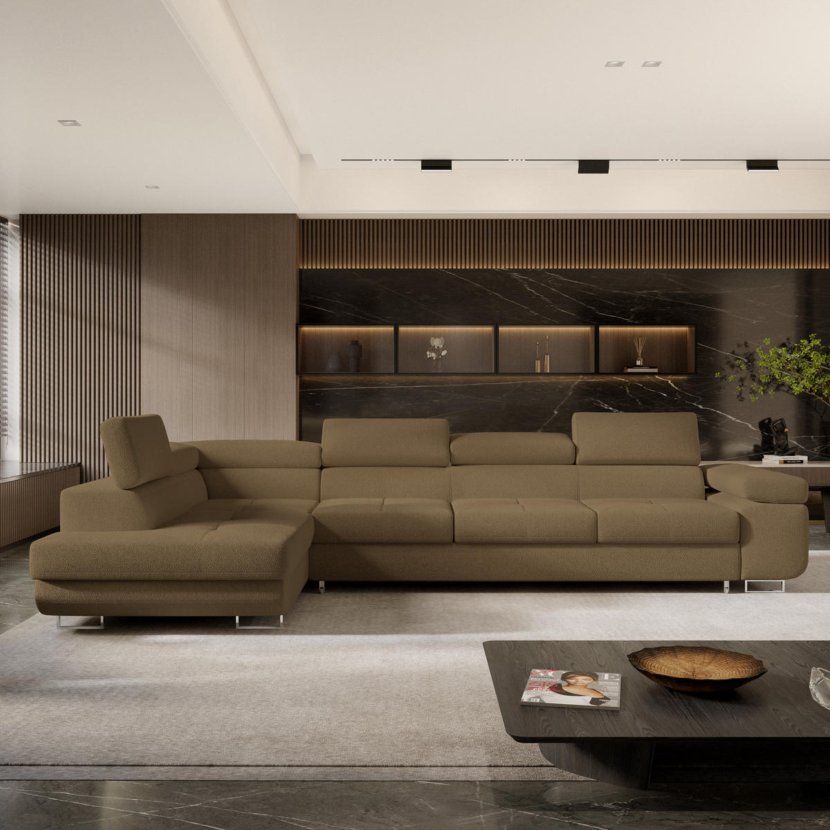 ECKSOFA VICENTE Orange Boucle-Stoff mit Schlaffunktion - Orange, Holz (346/202cm) - MASSENO