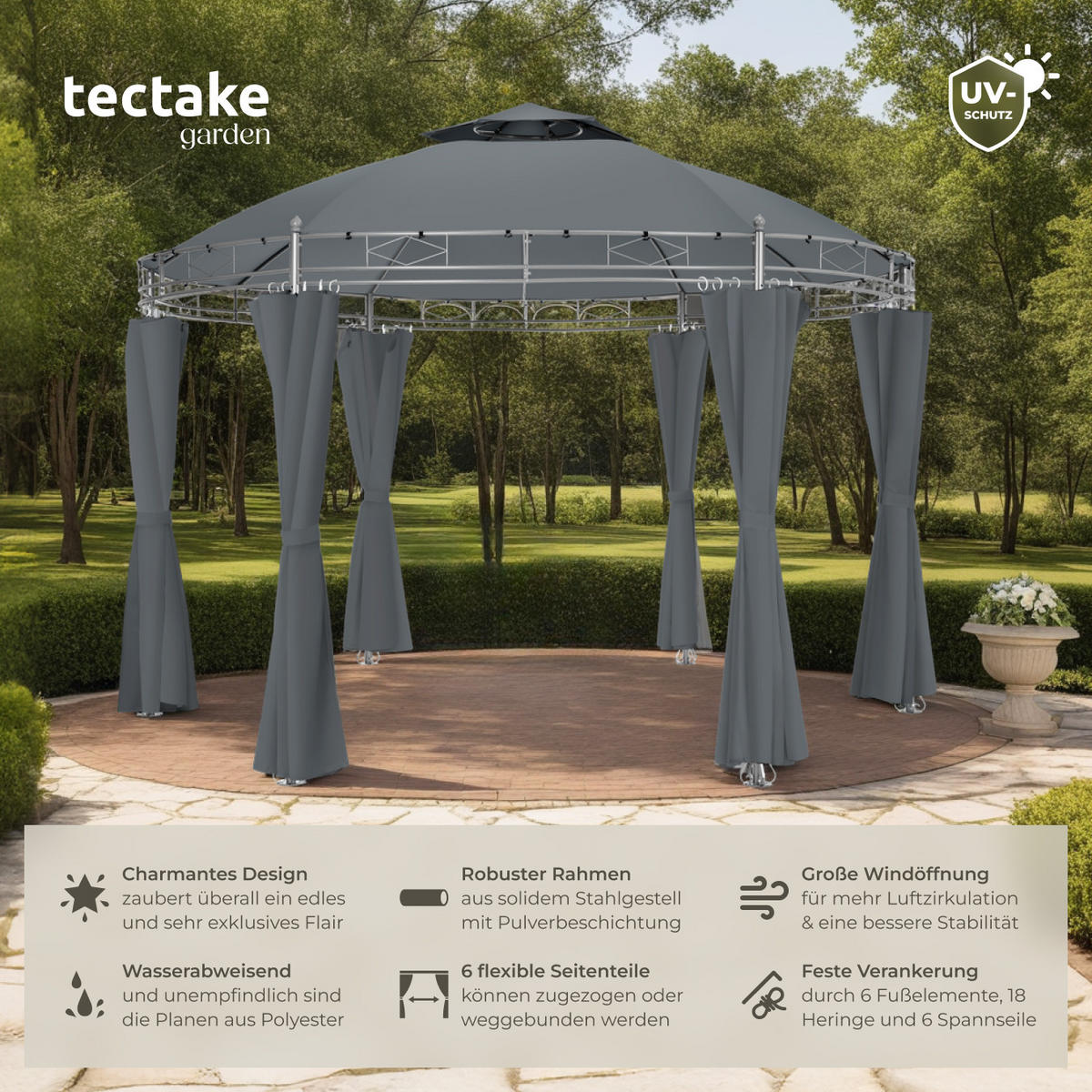 GARTENPAVILLON Siana,inklusive Spannseilen und Heringen,anthrazit - Anthrazit, Kunststoff (350/280/350cm) - tectake