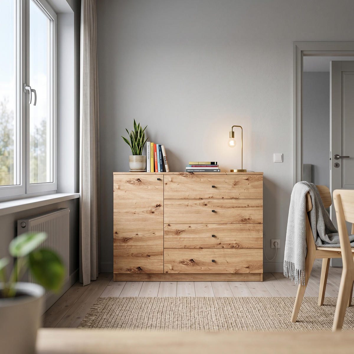 KOMMODE NATURIO 120/87/40cm mit 4 Schubladen 1 Türen Eiche Artisan - Eiche Artisan, Holzwerkstoff (120/87/40cm) - MASSENO