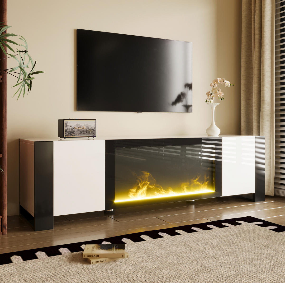 TV ormarić 165/32/55 cm bijelo-crni od iverice s električnim kaminom i visokim sjajem - crna, drvni materijal (165/55/32cm) - OKWISH