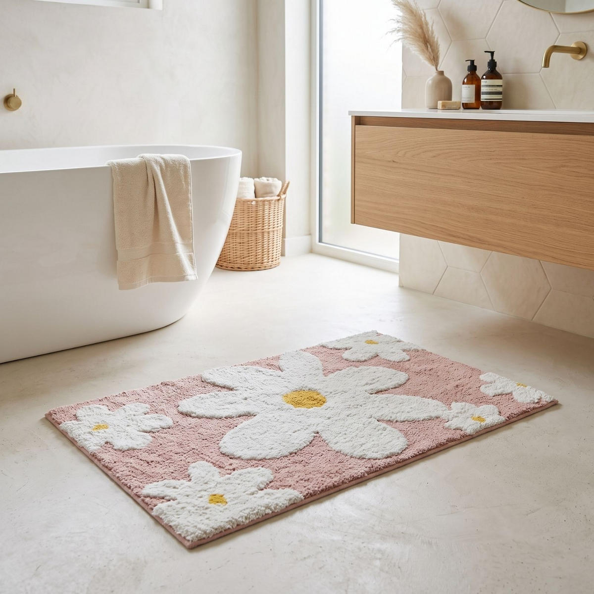 BADTEPPICH Blumen 50/80 cm, rosa-weiß, 100 % Baumwolle - Rosa, Textil (50/80cm) - Homescapes