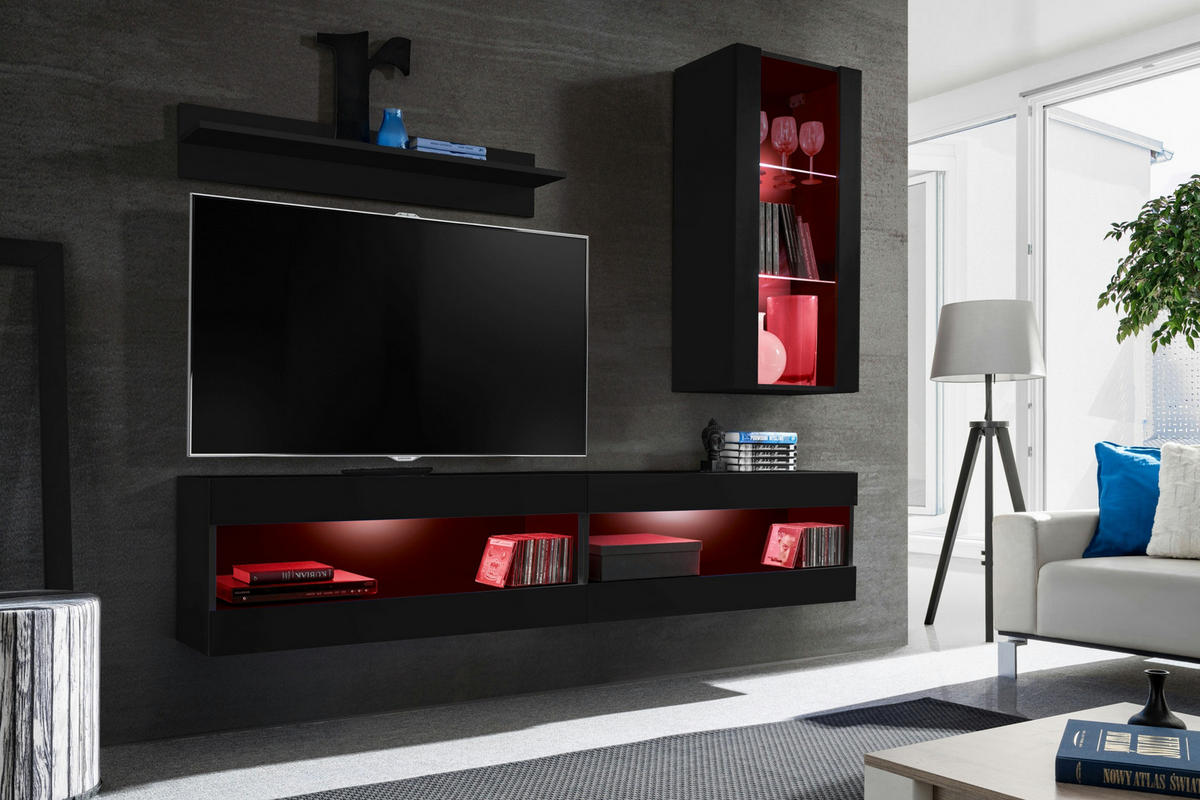 WOHNWAND 4-er Set, TIVOLI SET5 mit mehrfarbige LED RGB Beleuchtung Schwarz + Schwarz, Offener Raum - Schwarz, Glas/Holzwerkstoff (240/195/35cm) - Komodee