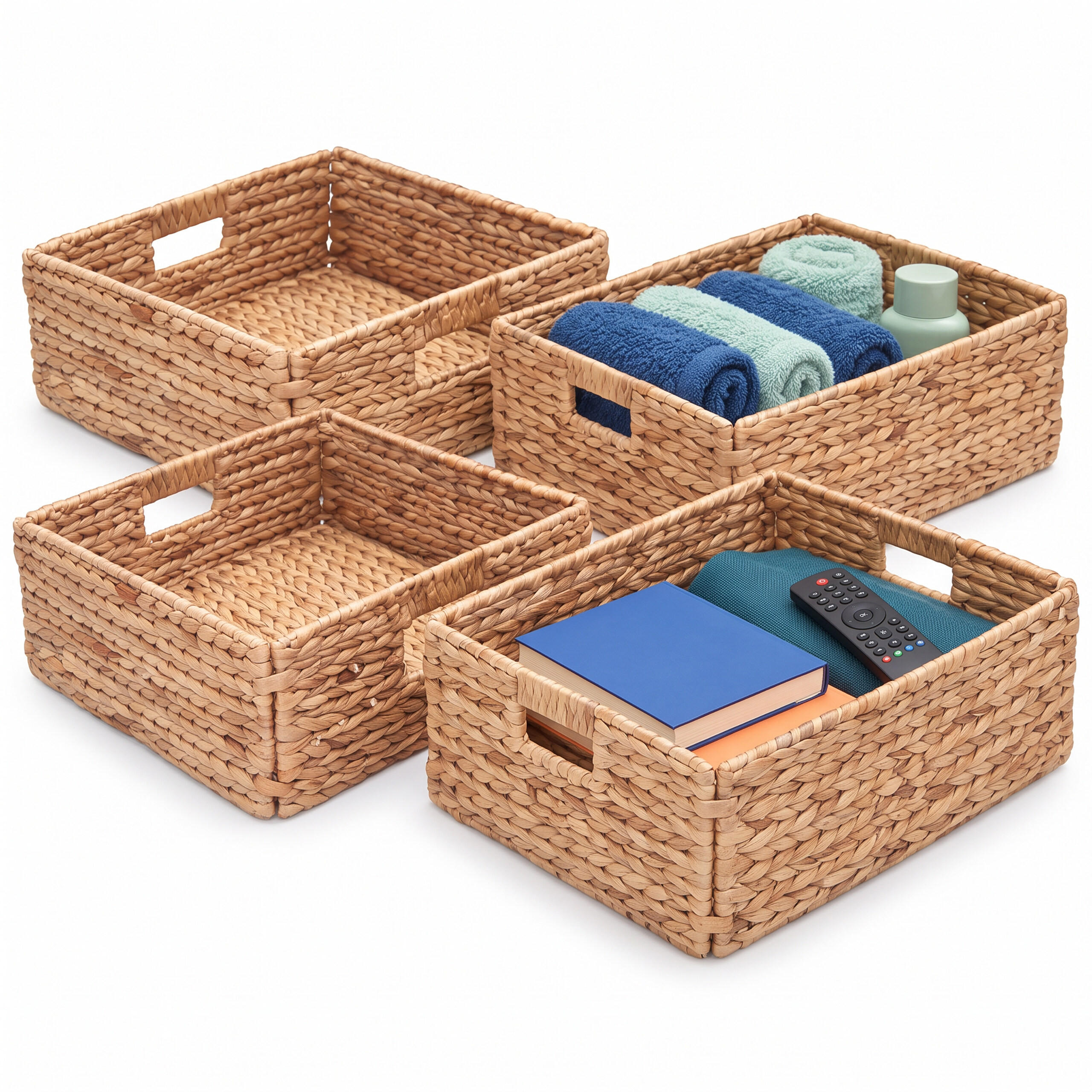 KÔŠ Prírodná 4-dielny-set vodný hyacint - svetlohnedá, kov/textil (30/34/15cm) - Relaxdays