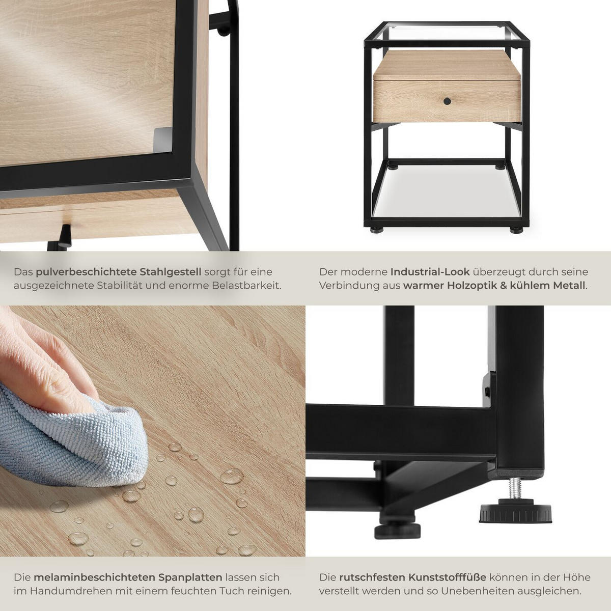 NACHTSCHRANK Preston, 43 x 45 x 54,5 cm, Industrial Holz hell, Eiche Sonoma - Naturfarben, Holzwerkstoff (43/54.5/45cm) - tectake