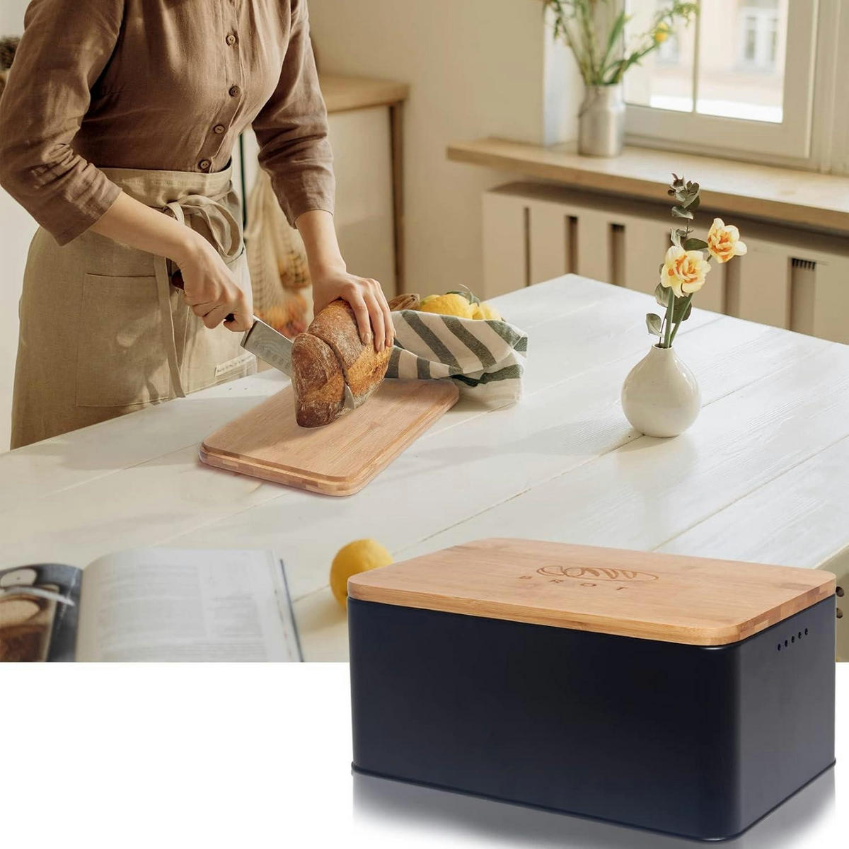 BROTKASTEN mit Schneidebrett 33 cm Schwarz Anthrazit - Schwarz, Kunststoff (21/15/33cm)