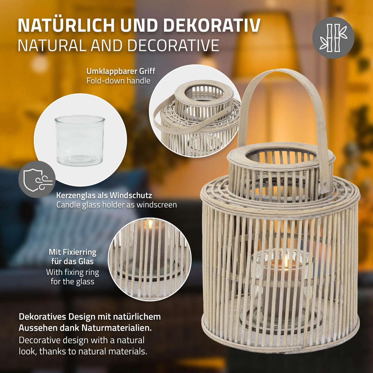 BAMBUSOVÁ LAMPION V: 40,5 cm, barva dřeva, styl boho - přírodní, dřevo (24.5/40.5/24.5cm) - ECD-Germany