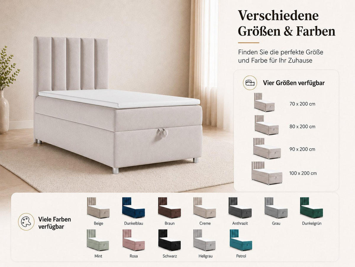 BOXBETT mit Bettkasten Trinity K10-SINGLE Bonellfederkern inkl. Topper - Creme, Holz/Holzwerkstoff (70/200cm) - Best For Home