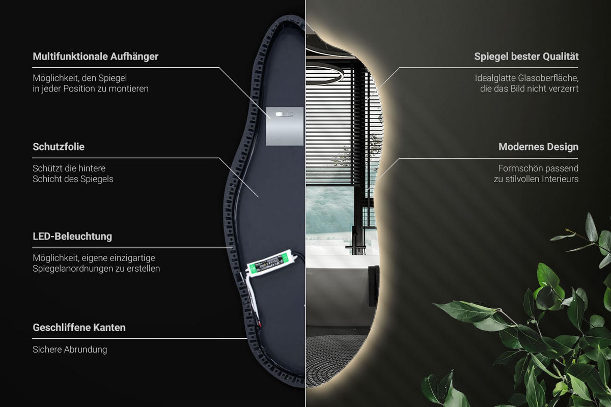 LED-SPIEGEL 45x100 cm Asymmetrisch Warmweiß 3000K - Gelb, Glas (45/100/0.4cm) - Wallfluent