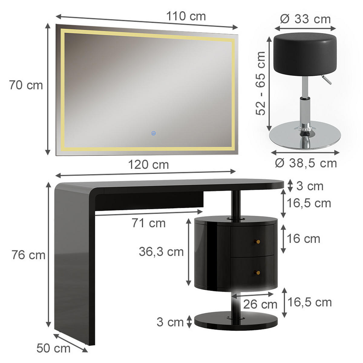 SCHMINKTISCH Lara Schwarz Hochglanz 120 cm mit LED-Spiegel und Hocker - Schwarz Hochglanz, Holzwerkstoff (120/76/50cm) - Vicco