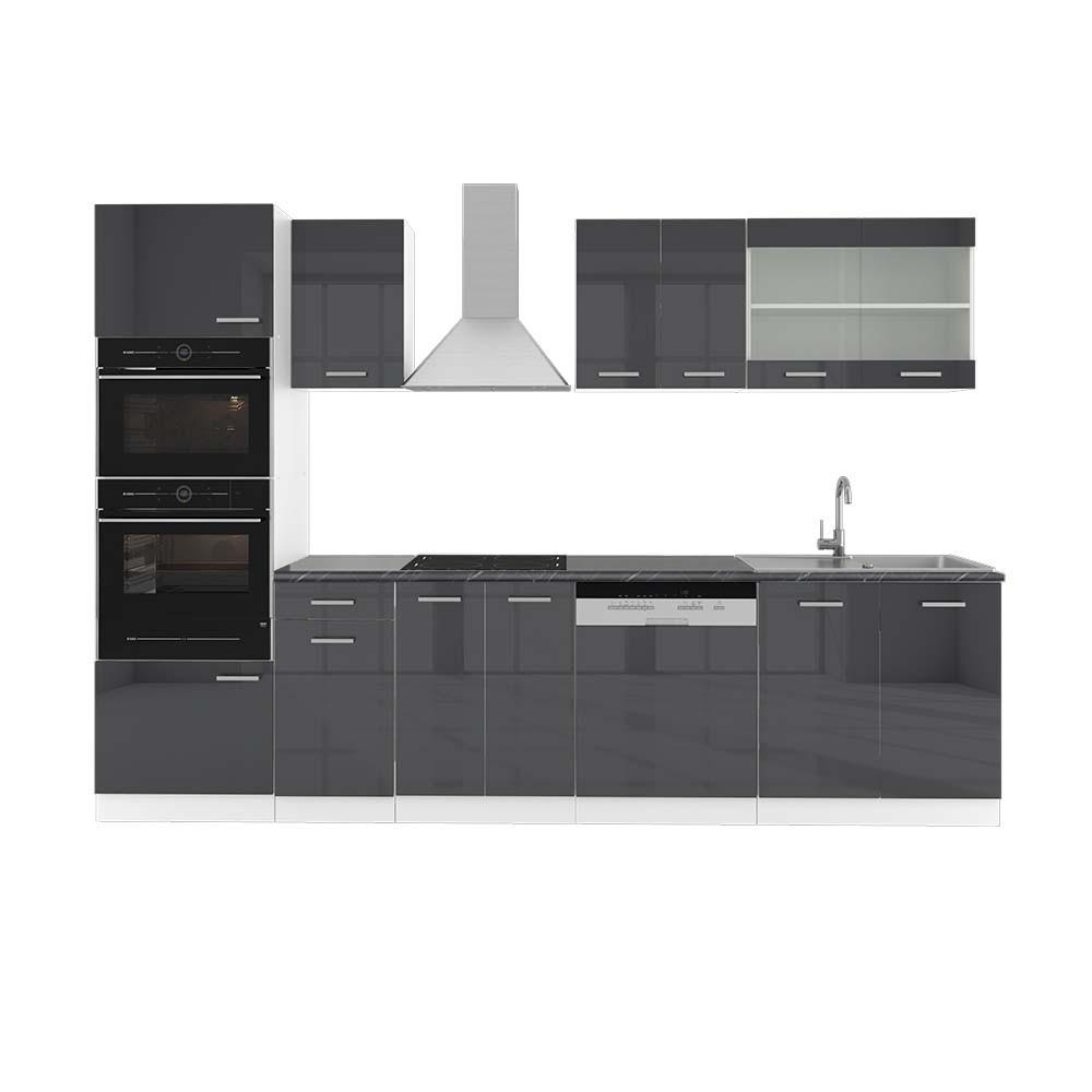 KÜCHENZEILE R-Line Anthrazit Hochglanz/Weiß 300 cm mit Hochschrank AP Anthrazit - Anthrazit/Weiß, Holzwerkstoff (300/81.6/60cm) - Vicco